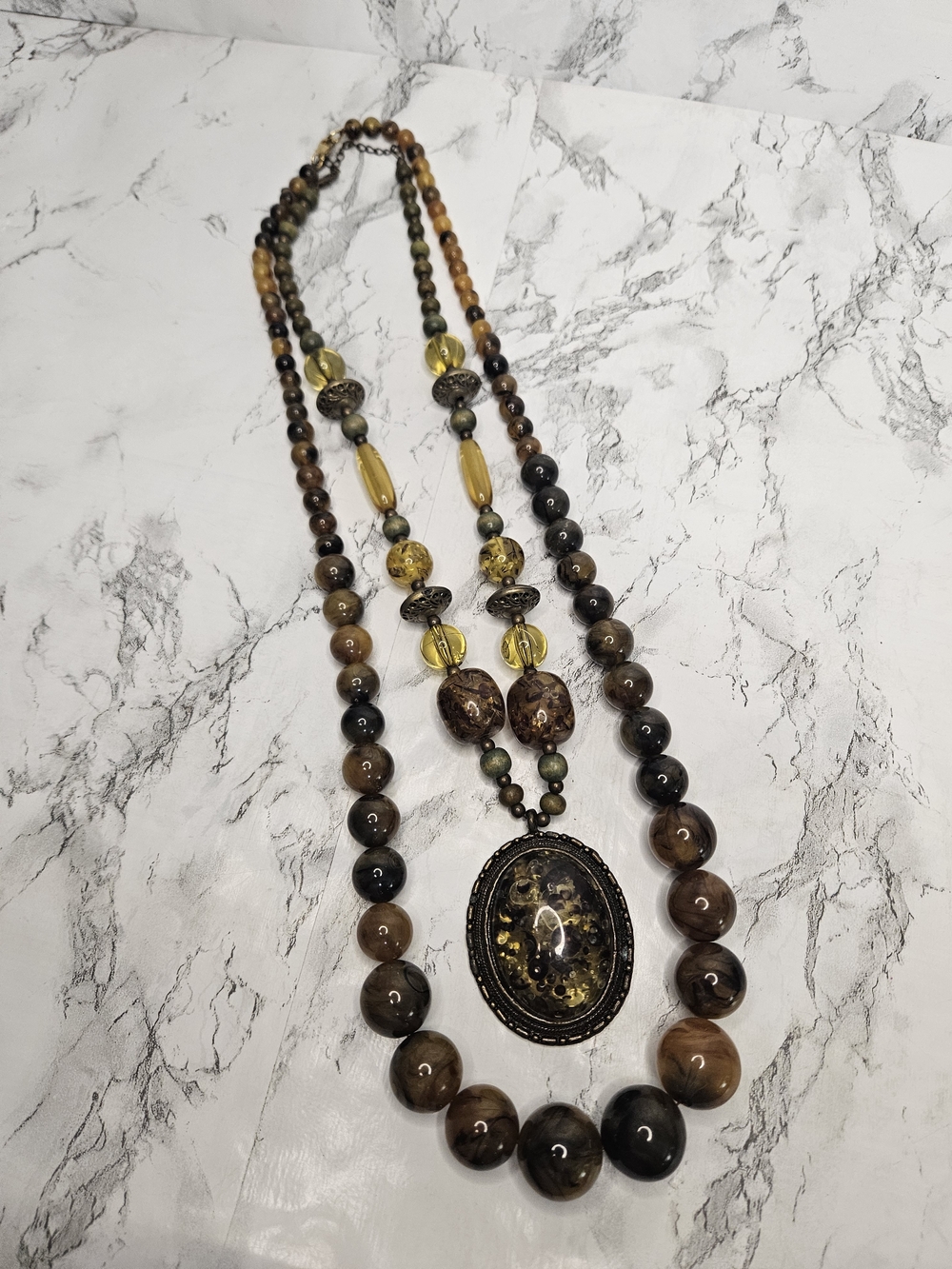 2 Chuncky Faux Amber & Faux Tiger's Eyes Beaded  Necklaces